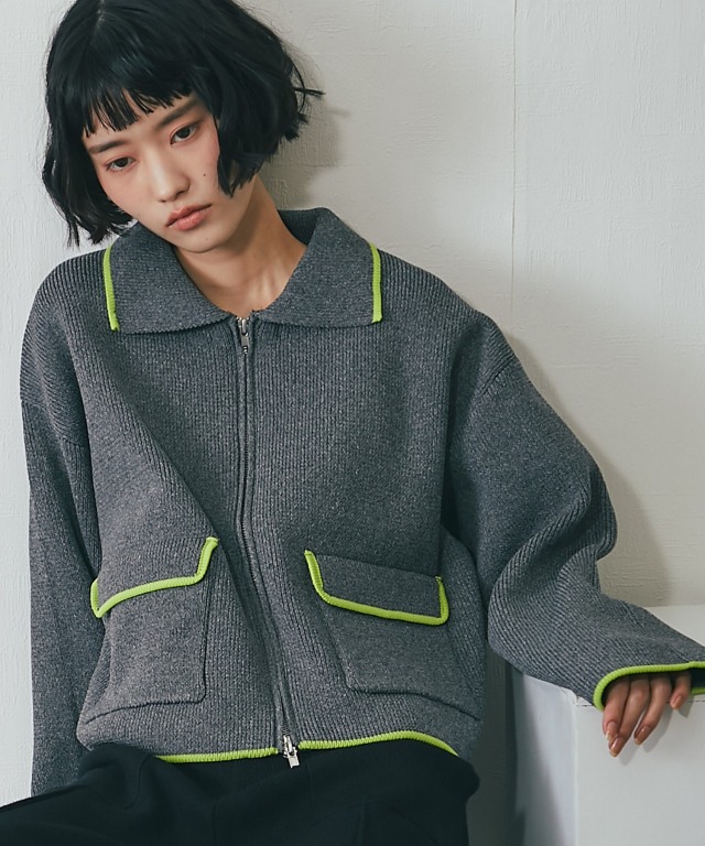 専用✩エブール　ニットジャケット　エンフォルド　ドゥーズィエムクラス 配色襟付きショートニットブルゾン【品番：asF1341】