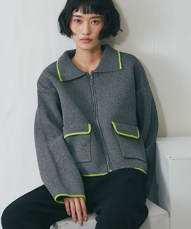 配色襟付きショートニットブルゾン【品番：asF1341】