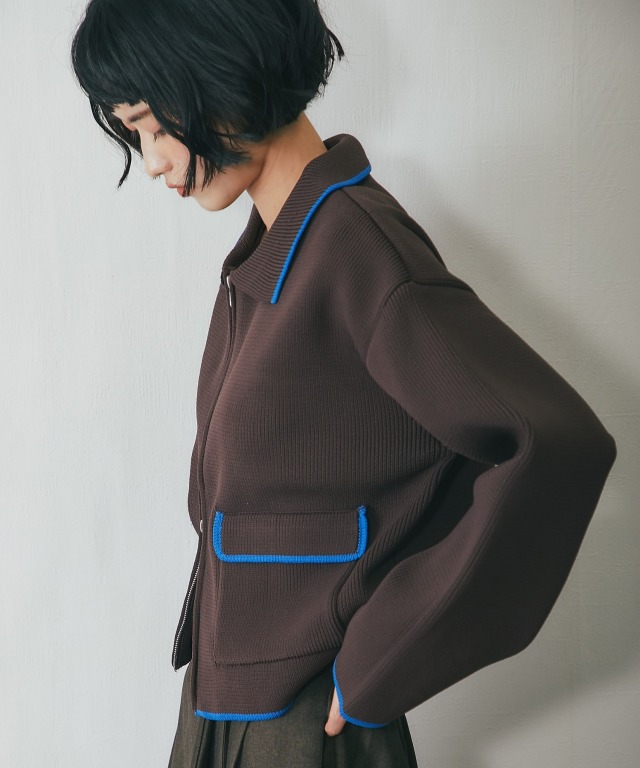 配色襟付きショートニットブルゾン【品番：asF1341】