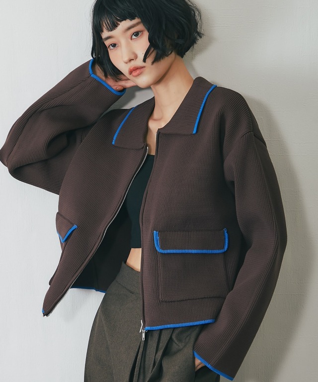 配色襟付きショートニットブルゾン【品番：asF1341】