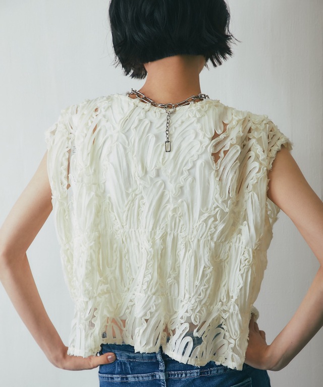 美品✨️ レオナール 刺繍 レース ベスト 半袖 SALE シアー ベスト ジレ 刺繍 レース コードレース 羽織り