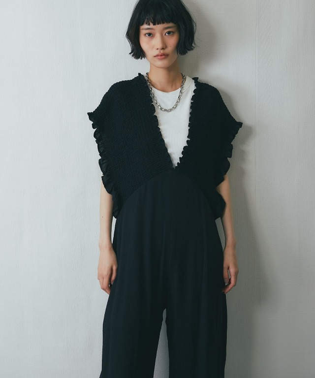 深Vネック胸元のシャーリングオールインワン【asF3481】