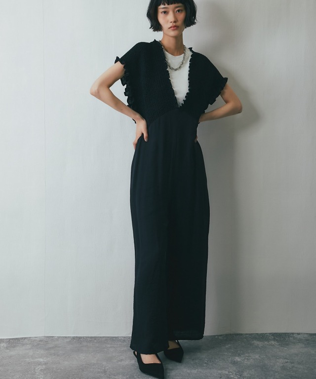 深Vネック胸元のシャーリングオールインワン【asF3481】