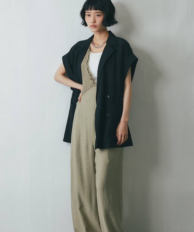 深Vネック胸元のシャーリングオールインワン【asF3481】