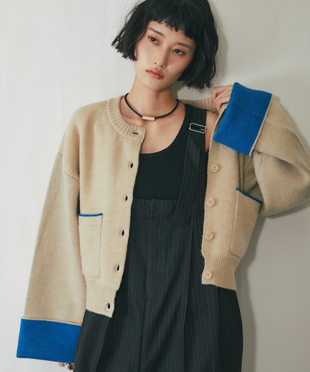 新鮮な配色のバイカラーニットカーディガン【品番：asR1589】