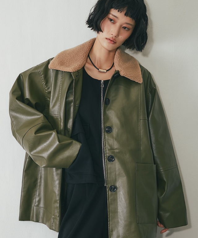 フェイクレザー2WAY襟ボアカバーオール【品番:asR3024】