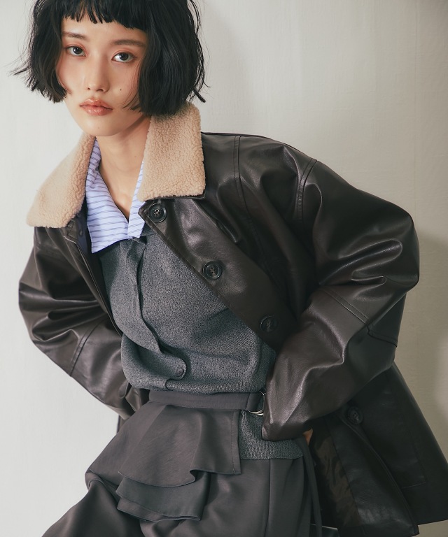 フェイクレザー2WAY襟ボアカバーオール【品番：asR3024】