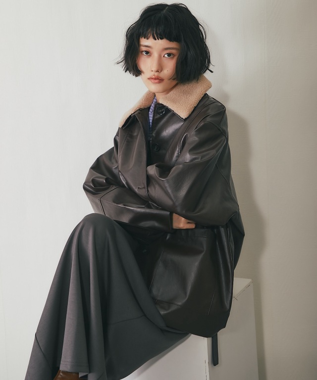 フェイクレザー2WAY襟ボアカバーオール【品番：asR3024】