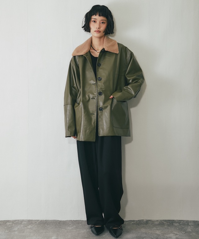 フェイクレザー2WAY襟ボアカバーオール【品番：asR3024】