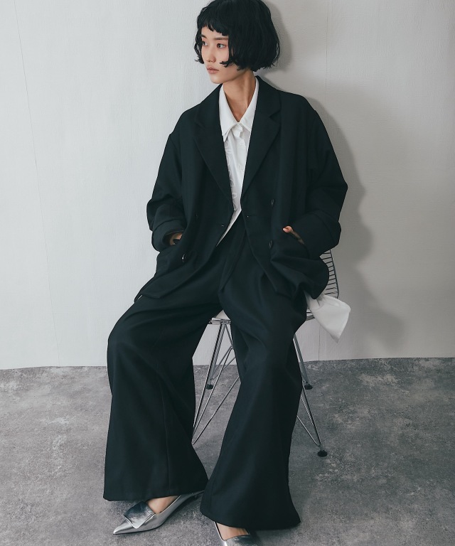 ワイドパンツ＋テーラードジャケット2点ベーシックセットアップスーツ