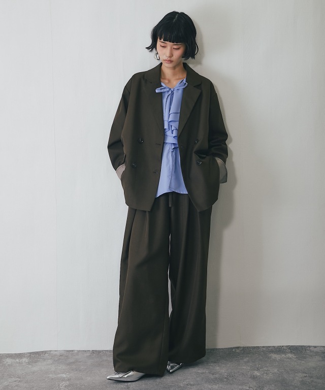ワイドパンツ＋テーラードジャケット2点ベーシックセットアップスーツ