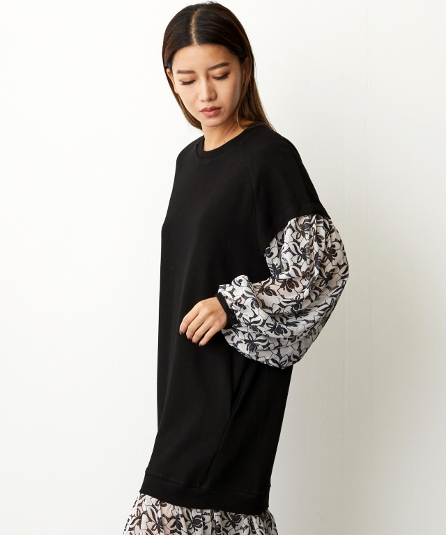 スウェット＆花柄シフォンドッキングワンピース 【品番:csy234