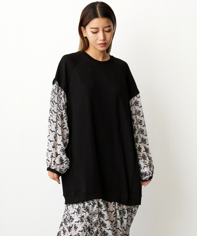スウェット＆花柄シフォンドッキングワンピース 【品番:csy234