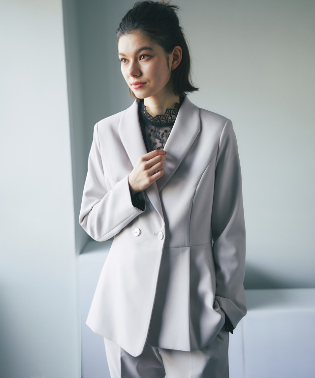 プリーツ裾ペプラムジャケット＆デーパートパンツセットアップスーツ  