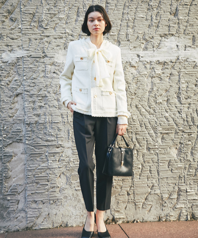 3点セット！ノーカラーツイードジャケット＆ボウタイリネンブラウス  