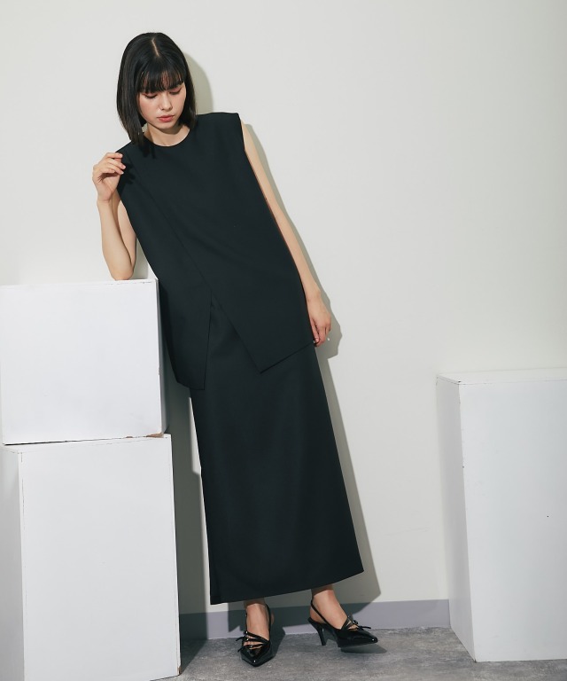 バックジップアシンメトリージレ＆サイドスリットロングスカート
