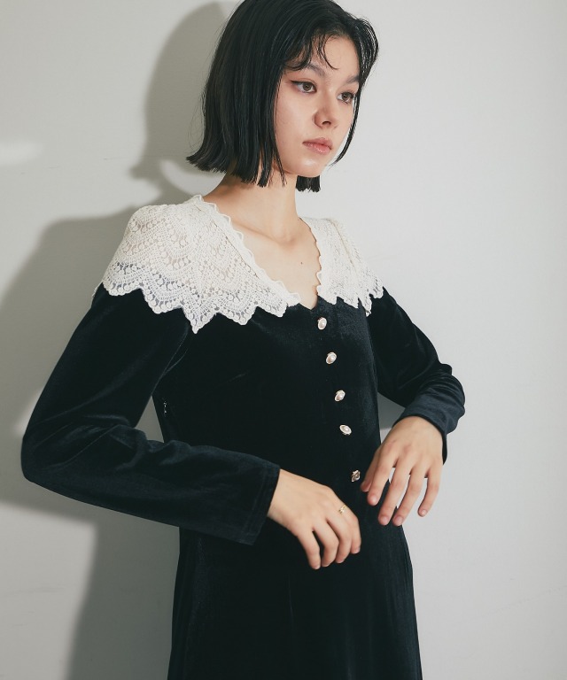 肩レースベロアロングワンピース【品番:so1-450】