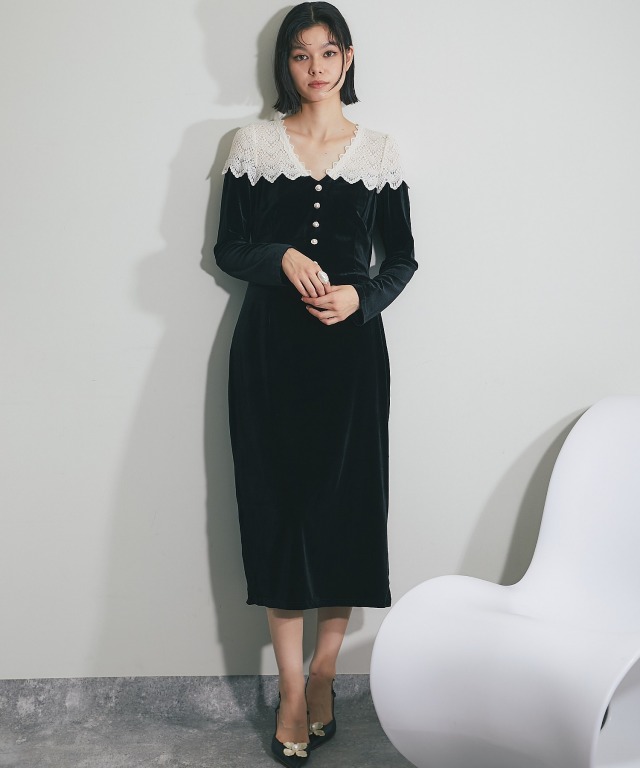 肩レースベロアロングワンピース【品番:so1-450】