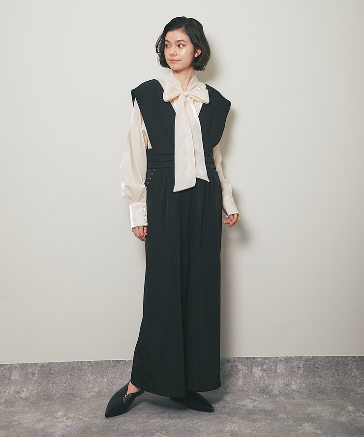 サイドパールオールインワン＆ボウタイリボンブラウス2点セットアップ