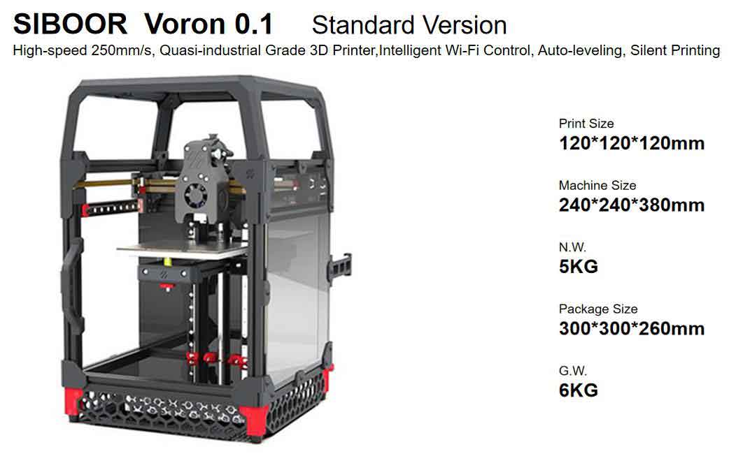 注目のVORON プロジェクト！SIBOOR Voron 0.1 Standard Version 3Dプリンター組立キット 120x120x120mm印刷サイズ/高速250mm/s、準工業グレード/Wi-Fi/オートレベリング/サイレント印刷【正規販売代理店】