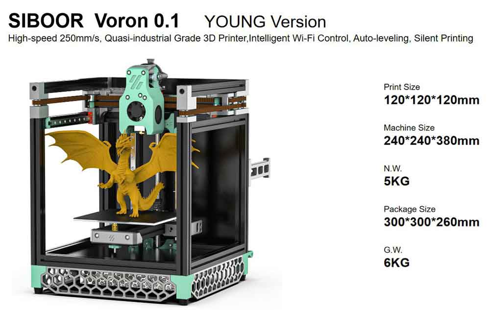 注目のVORON プロジェクト！SIBOOR Voron 0.1 YOUNG Version 3Dプリンター組立キット 120x120x120mm印刷サイズ/高速250mm/s、準工業グレード/Wi-Fi/オートレベリング/サイレント印刷【正規販売代理店】