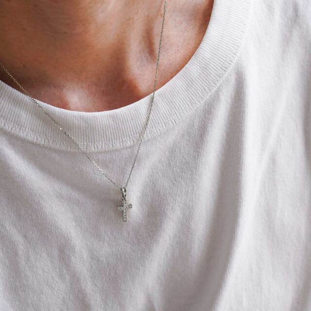 Small Gravity Cross Necklace - Silver w/CZ