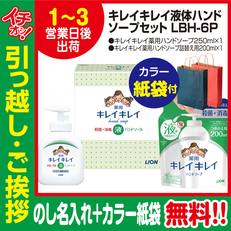 [引っ越し 挨拶 ギフト 粗品 品物]ライオンキレイキレイギフト本体詰替えLBH-6P（のし+カラー手提げ紙袋付）[御礼 工事 挨拶まわり 初盆 お返し] <dh-11838-2>