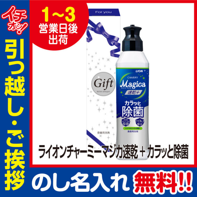 [引っ越し 挨拶 ギフト 粗品 品物]ライオンチャーミーマジカ速乾+カラッと除菌220ml化粧箱入（のし付き）[御礼 工事 挨拶まわり 初盆 お返し] <dh-25378-1>