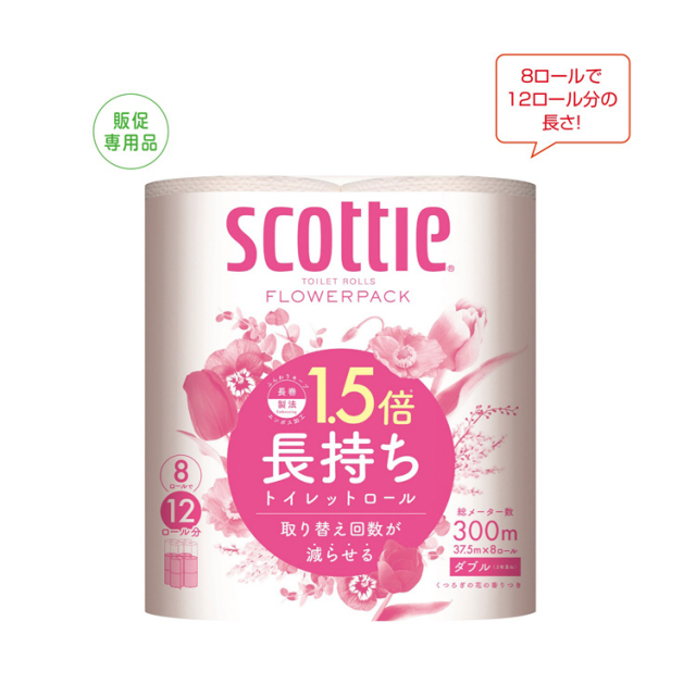 【送料無料（北海道・沖縄・離島除く）・代引き不可】スコッティ　フラワーパック１．５倍長持ち８ロール（ダブル） 8個セット 1個あたり498円（税抜） <sp-34478>