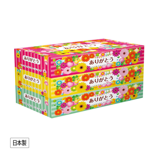 【送料無料（北海道・沖縄・離島除く）・代引き不可】ありがとうＢＯＸティッシュ１５０Ｗ３個組_24個セット_1個あたり258円（税抜） <sp-35508>