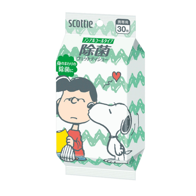 【送料無料（北海道・沖縄・離島除く）・代引き不可】スコッティ除菌ウェットティシュー　スヌーピー３０枚入　ノンアルコール_24個セット_1個あたり228円（税抜） <sp-36181NA>