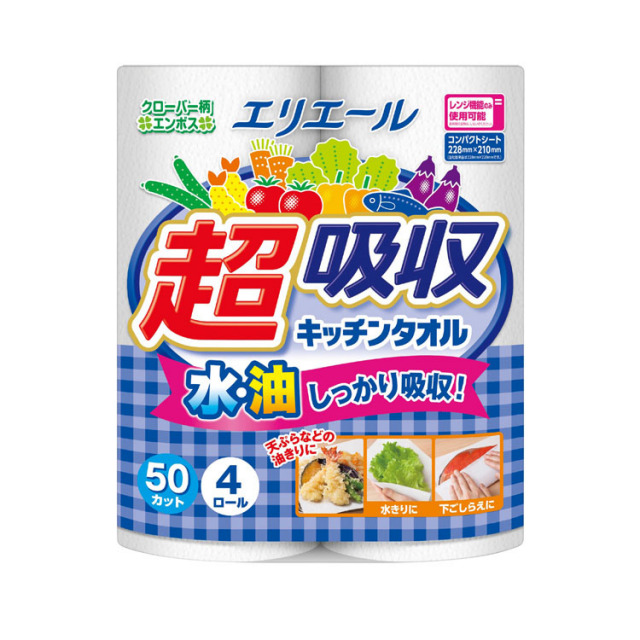 【送料無料（北海道・沖縄・離島除く）・代引き不可】エリエール　超吸収キッチンタオル４ロール（５０カット）_12個セット_1個あたり288円（税抜） <sp-36647>