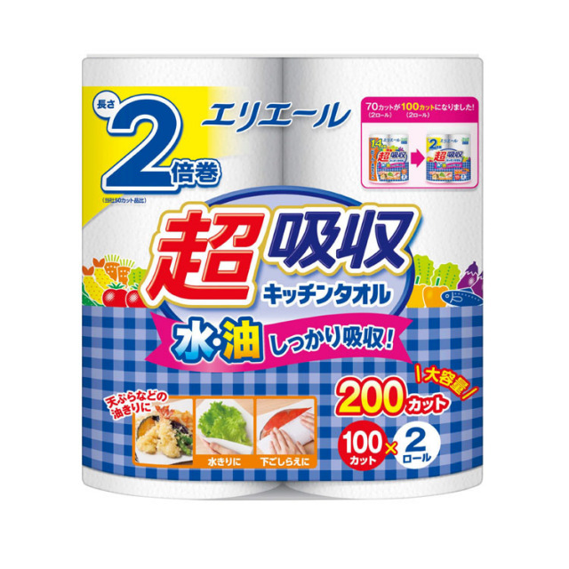 【送料無料（北海道・沖縄・離島除く）・代引き不可】エリエール　超吸収キッチンタオル２ロール（１００カット）_24個セット_1個あたり248円（税抜） <sp-36648>