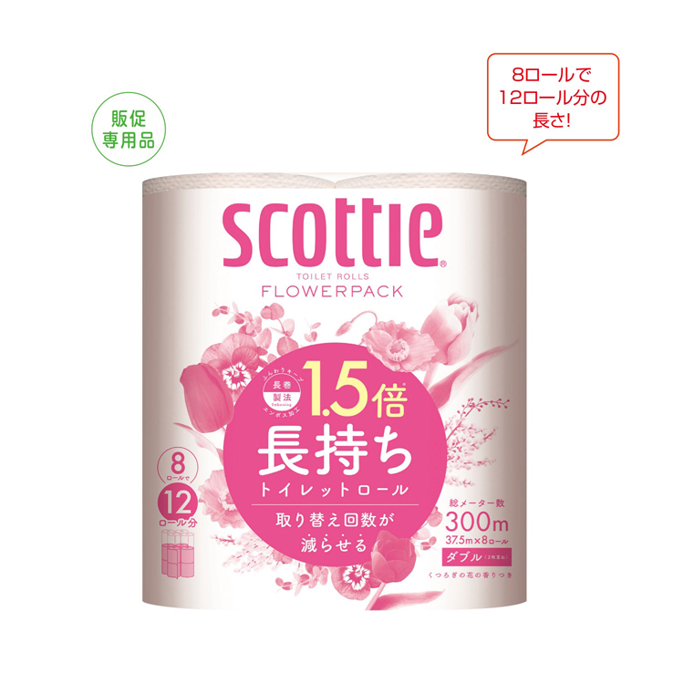 【送料無料（北海道・沖縄・離島除く）・代引き不可】スコッティ　フラワーパック１．５倍長持ち８ロール（ダブル） 8個セット 1個あたり498円（税抜） <sp-34478>
