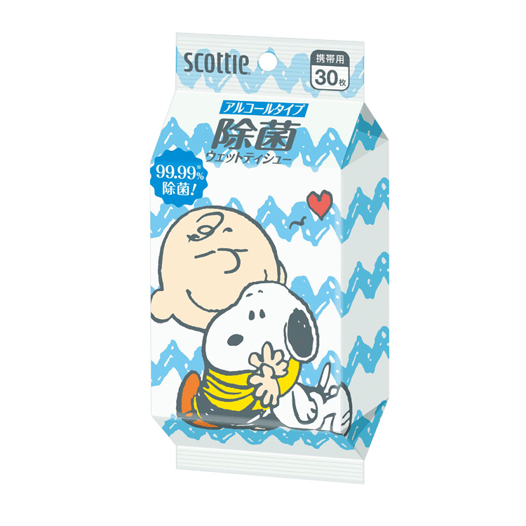 【送料無料（北海道・沖縄・離島除く）・代引き不可】スコッティ除菌ウェットティシュー　スヌーピー３０枚入　アルコール_24個セット_1個あたり228円（税抜） <sp-36181AC>
