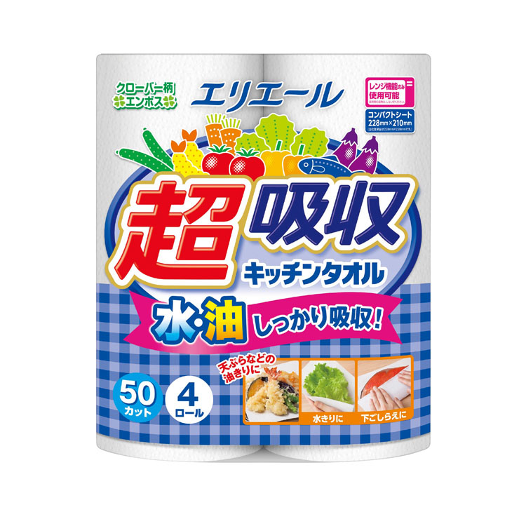 【送料無料（北海道・沖縄・離島除く）・代引き不可】エリエール　超吸収キッチンタオル４ロール（５０カット）_12個セット_1個あたり288円（税抜） <sp-36647>