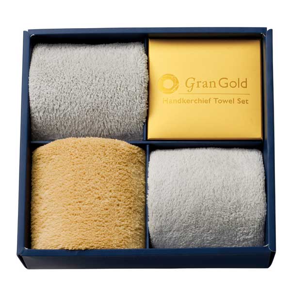 ゴールドのギフトボックス入り ハンカチタオル３枚セット 粗品屋本舗