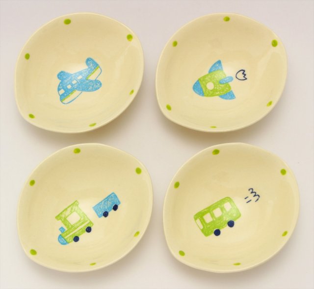 楕円鉢小セット（かっこいい）/乗り物黄緑４つセット