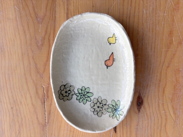 小判皿小（かわいい）/花と鳥グリーン
