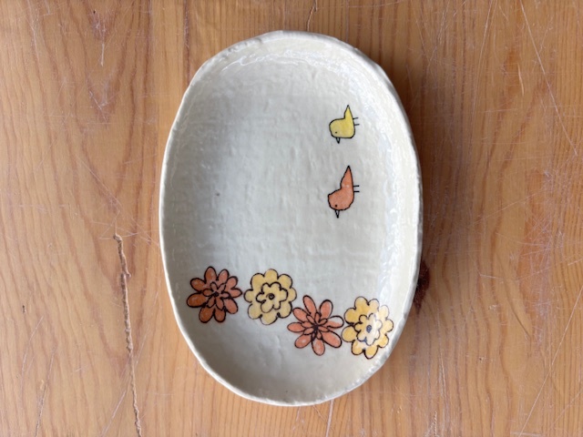 小判皿小（かわいい）/花と鳥オレンジ