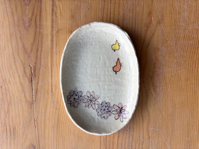 小判皿小（かわいい）/花と鳥ピンク