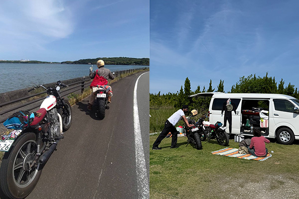 伊勢の海沿い道路とキャンプ地に到着したバイクサーフツーリング