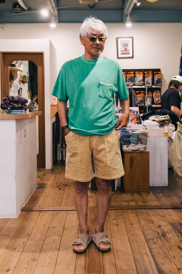 ハンテン パイルTシャツ グリーン / 男性着用（Lサイズ）