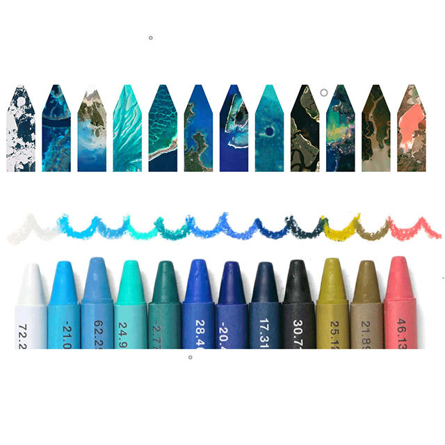 クレヨン7色。 宇宙文具】衛星写真にうつる色から作られた海のクレヨン