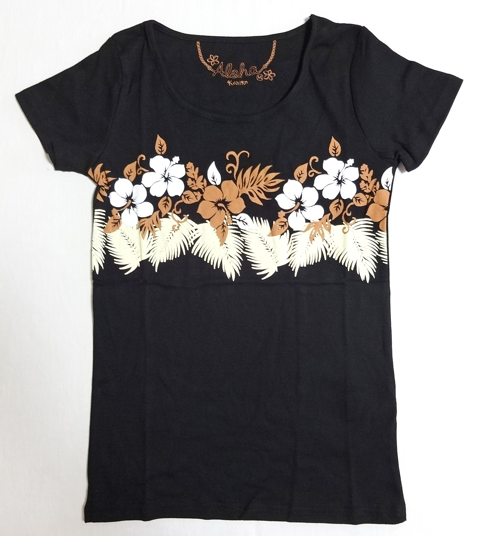 ハワイアン・ハイビラインフラTシャツ/レディース/ブラックMサイズ