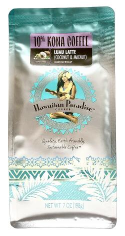 ハワイアンパラダイスコーヒー/ココナッツ＆マカダミアナッツ LUAU LATTE/10%KONA 粉タイプ（198g）