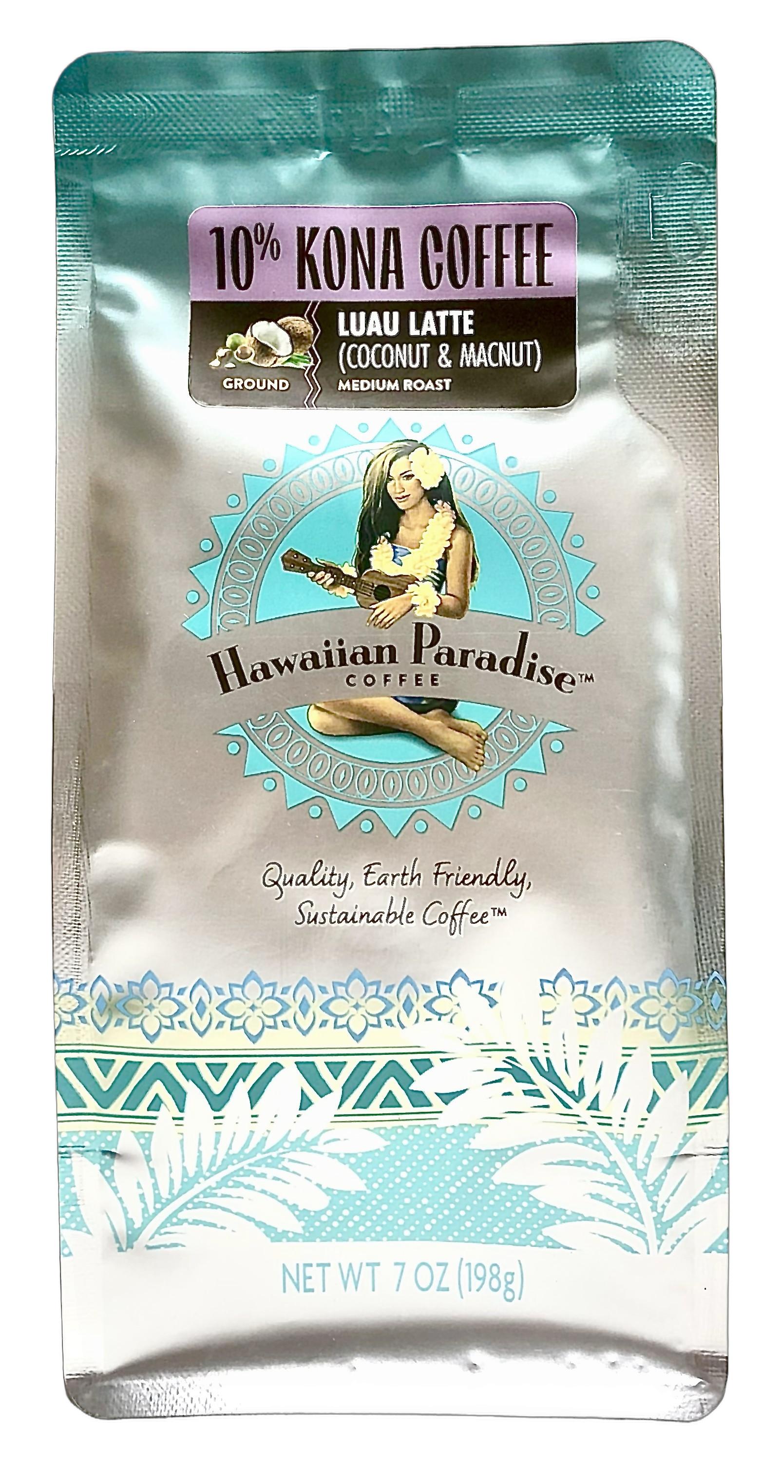 ハワイアンパラダイスコーヒー/ココナッツ＆マカダミアナッツ LUAU LATTE/10%KONA 粉タイプ（198g）