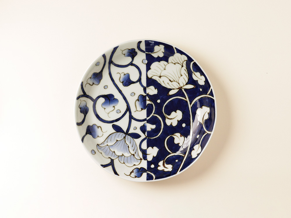 染付 二方牡丹 7寸皿 有田焼