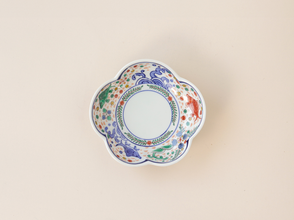 デッドストック 色絵 魚紋様 花型取り皿 有田焼
