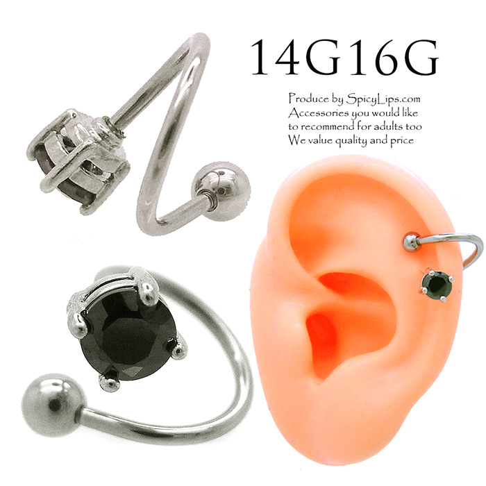 [16G14G]右巻き左巻きが選べる！！◆当店オリジナル◆上質な輝き♪オニキス1粒スパイラル軟骨ピアスボディピアス SS 0982